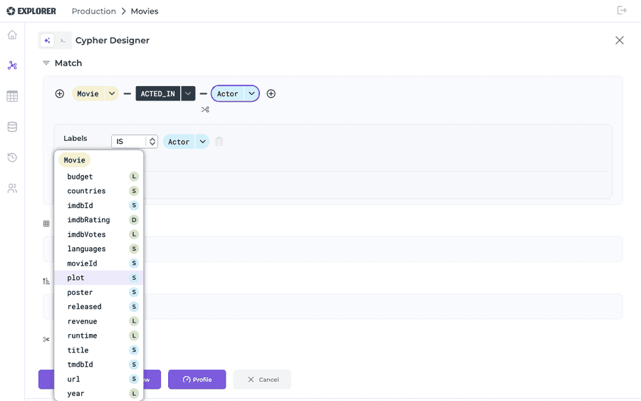 Property picker for a node, listing every property and its type