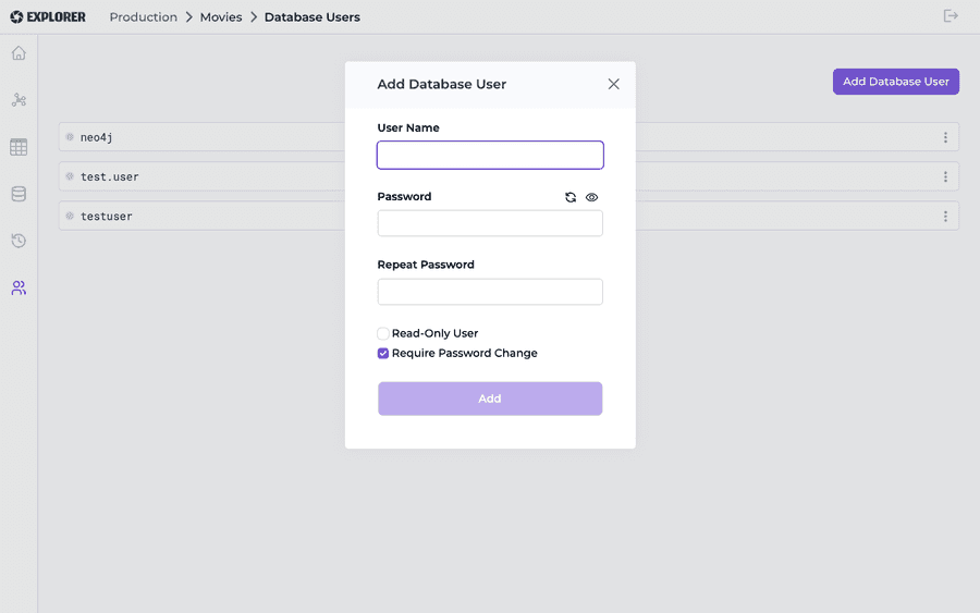 Add Database User dialog with User Name, Password, Repeat Password, and the Read-Only/Require Password Change checkboxes