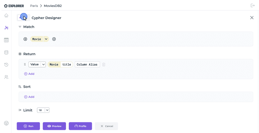 Cypher Designer panel with the toggle icon that switches to the Cypher Editor