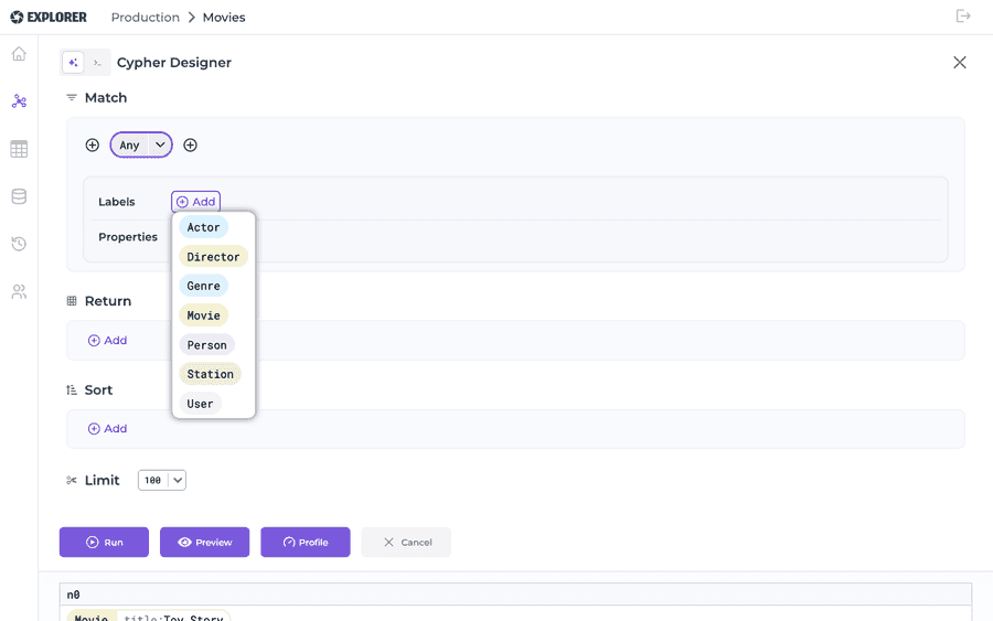 Label picker listing every node label found in the schema