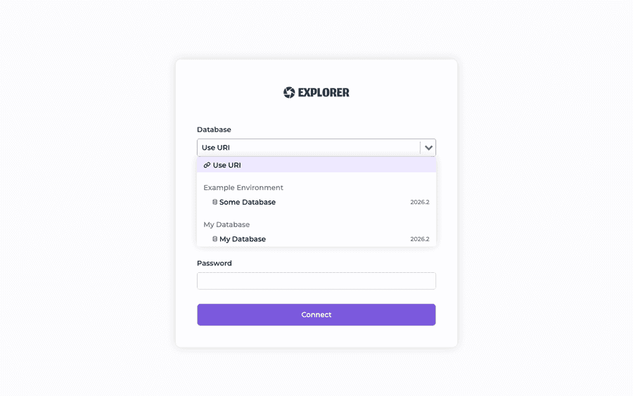 Database picker showing "Use URI" plus the databases available in your organization's environments