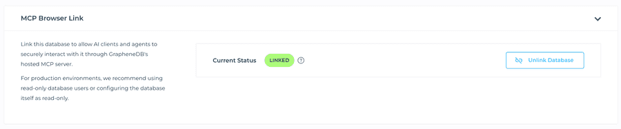 The MCP Browser Link panel now showing a Linked status and an Unlink Database button
