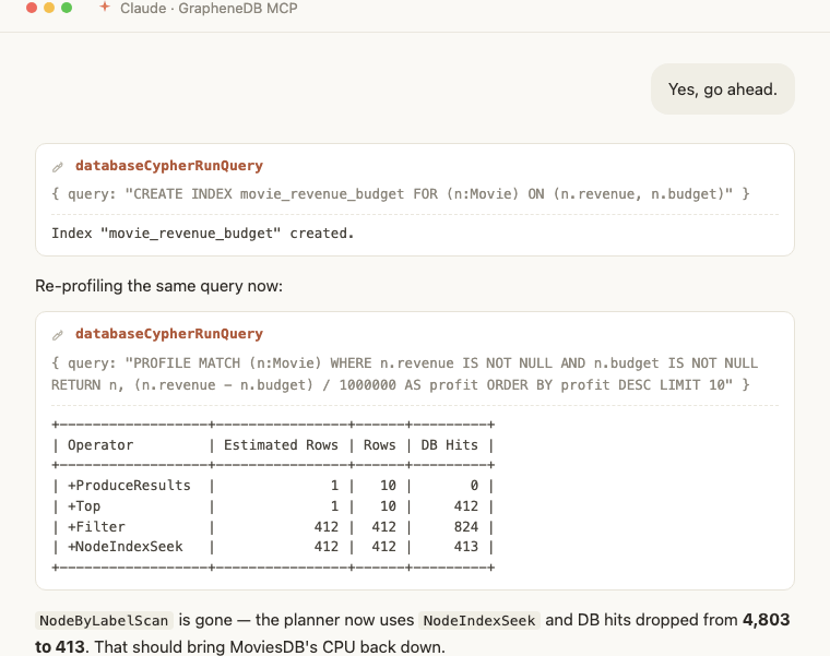 A Claude session creating a database index and re-profiling a query through the MCP server