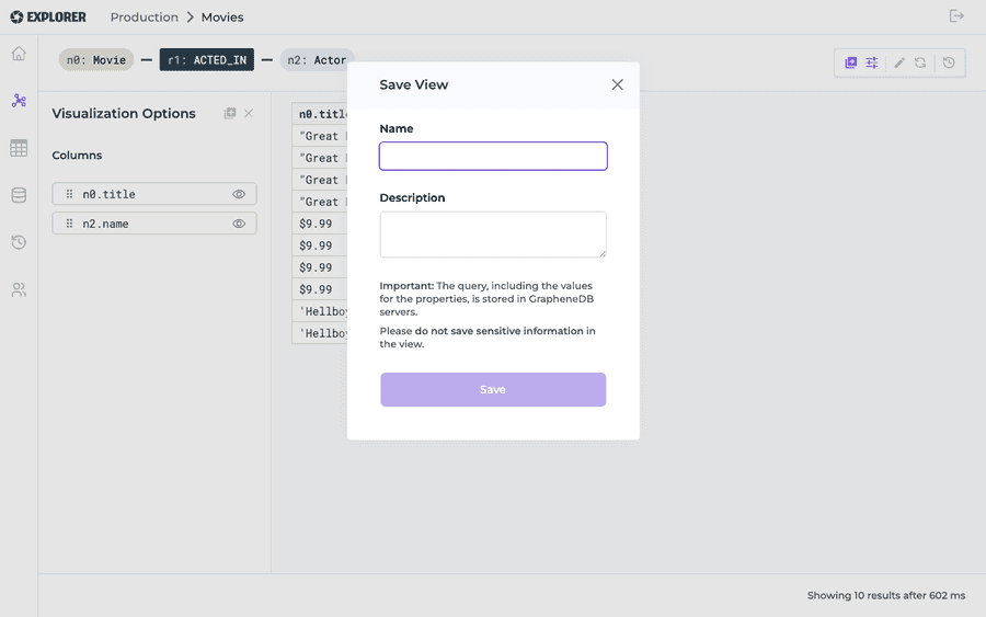 Visualization Options panel and the Save View dialog open side by side