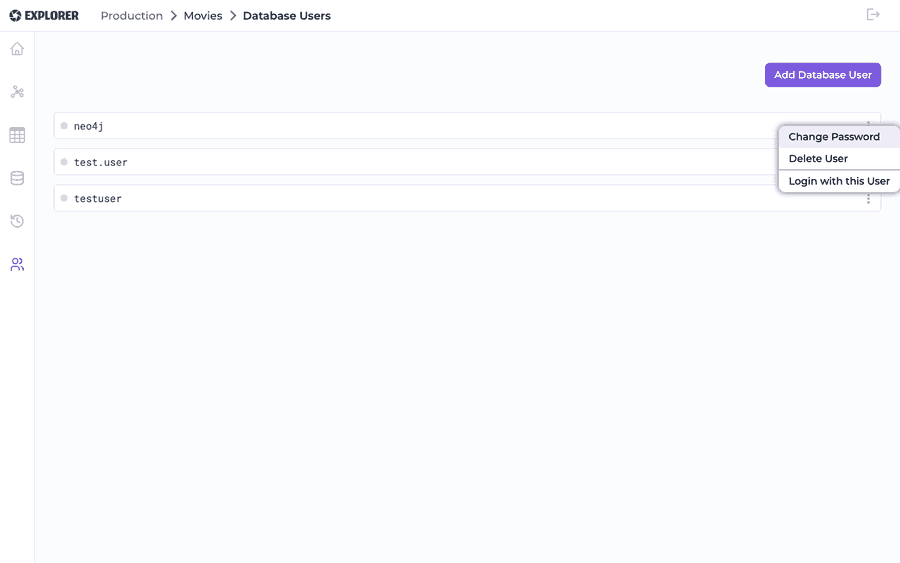Per-user menu with Change Password, Delete User, and Login with this User